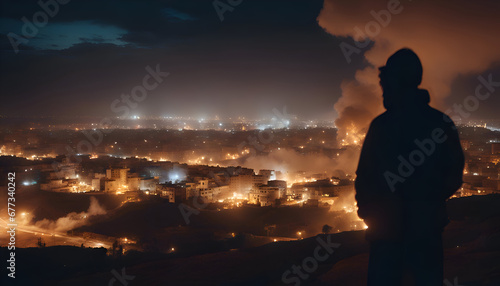 Silhouette of a man with smoke in the city at night