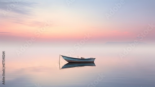  a small boat floating on top of a body of water under a pink and blue sky with a few clouds. © Anna