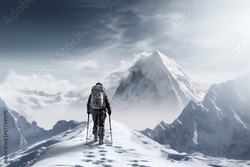 Emotion etched mountaineer resolute against harsh infinity of winter wilderness 
