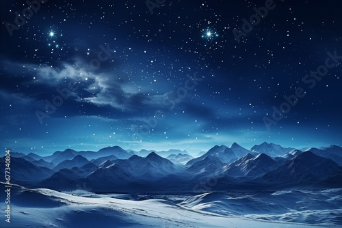 Moonlit snow covered peaks in serene winter night background with empty space for text 