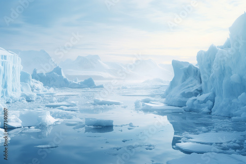 Stark polar scape with towering ice formations background with empty space for text 