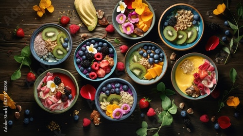  a number of bowls of food on a table with bananas, kiwis, strawberries, and berries.
