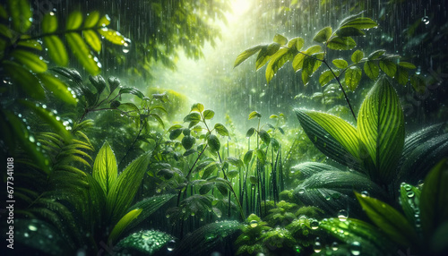 Dense foliage in a rainforest with radiant light beams