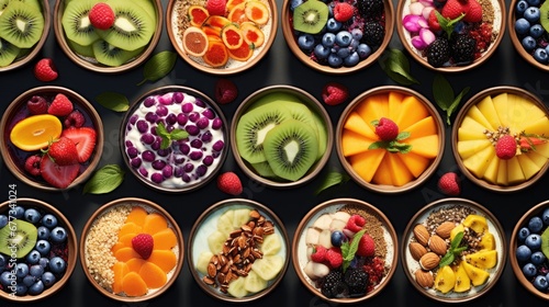  a table topped with bowls filled with different types of fruits and a bowl filled with berries and kiwis.