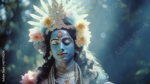 Krishna meditating in the sacred garden in rays of shimmering light © tanimoon