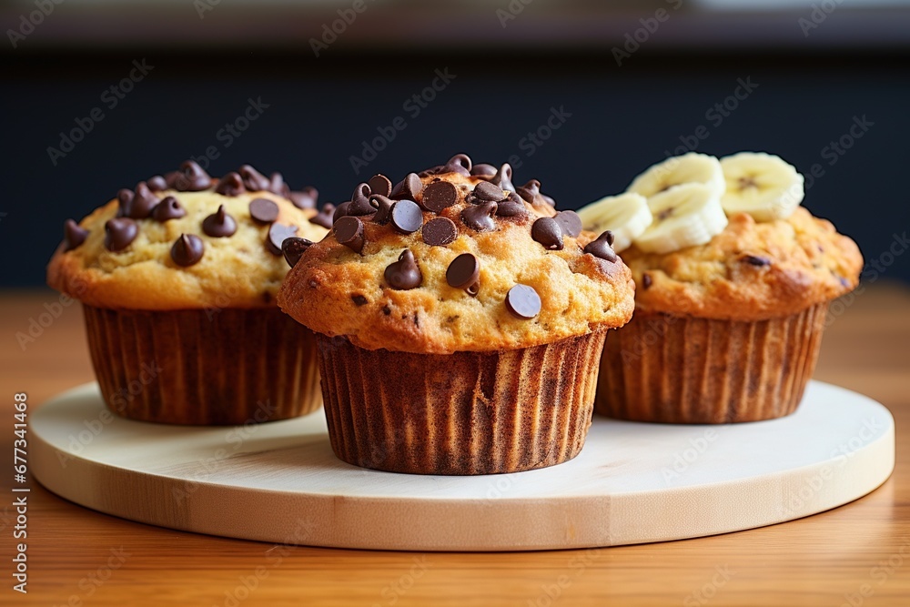 Banana muffin trio with a melting chocolate chip topping
