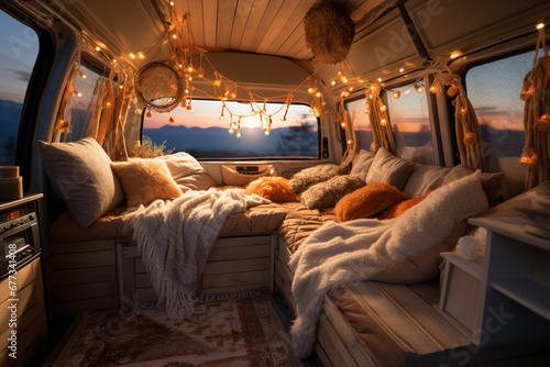 Cozy van interior illuminated with warm lights background with empty space for text  © fotogurmespb
