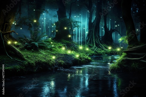 Bioluminescent moss in a dark forest setting