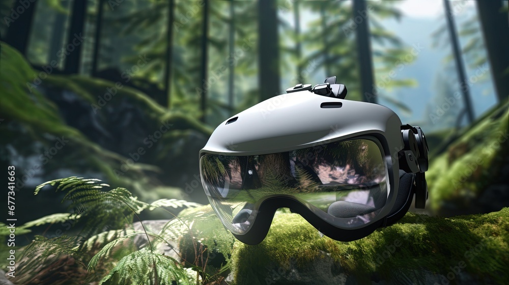 White modern AR or VR google on a mossy surface in a green forest White modern AR or VR google on a mossy surface in a green forest