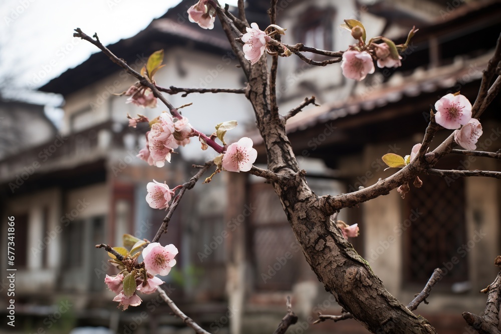 Buds on a tree branch with an old, rustic building behind Buds on a tree branch with an old, rustic building behind