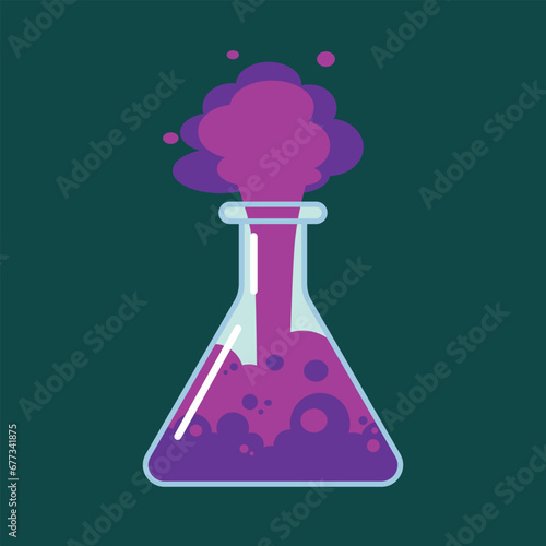 Purple reaction in a laboratory flask. Explosive chain reaction with the release of steam and spray. Liquid with bubbles, reagent, atoms and molecules. Chemistry.