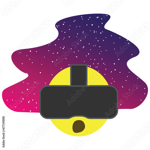 Yellow emoticon. Virtual reality glasses. Space gradient background with stars. A surprised face. Emotions. Technologies. Device. vr
