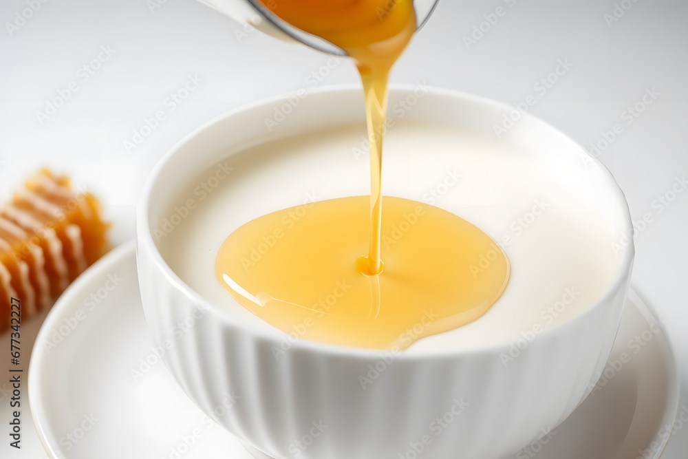 Honey pouring into a white bowl with a white ice cream. Honey pouring into a white bowl with a white ice cream.