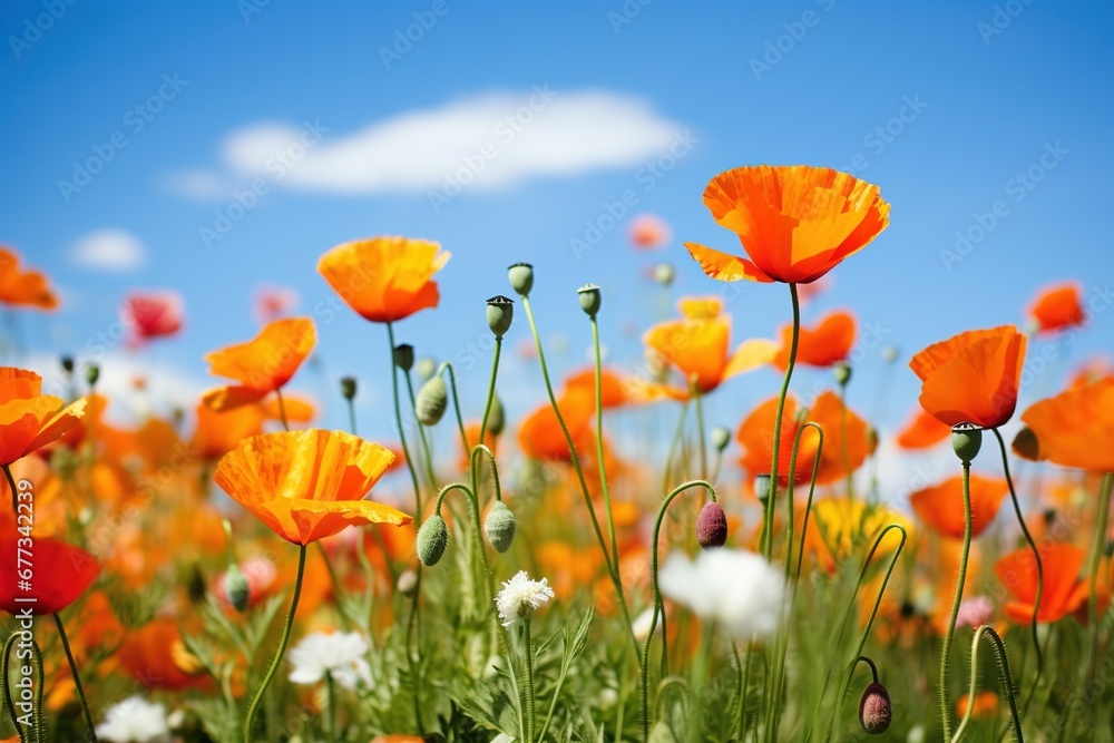 Bright poppies opening in a field on a sunny day Bright poppies opening in a field on a sunny day