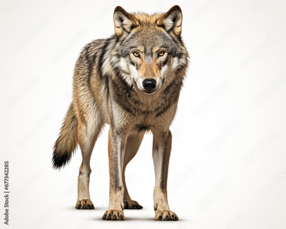 gray wolf standing isolated on white background.
