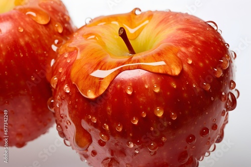 Red apple with drops of honey on a white background close-up