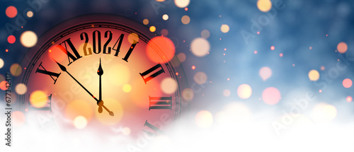 New Year 2024 countdown orange clock over blue background with defocused lights.