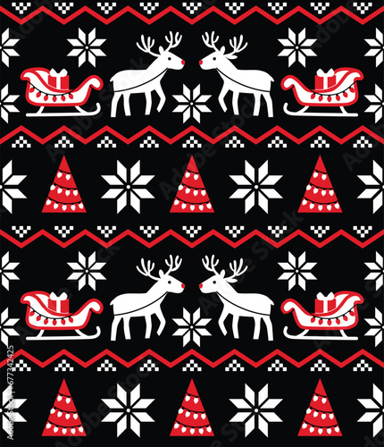 Christmas sleigh and reindeer on snowflakes background. Winter seamless pattern.