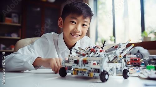 Happy asian boy playing with toy robot at table in classroom.