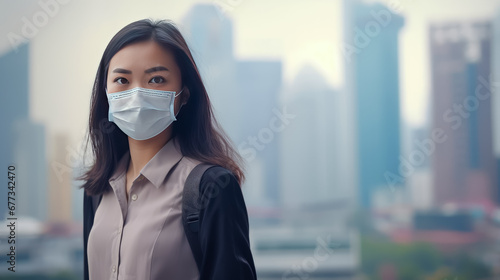 Young asian woman wearing protective mask against air pollution in the city