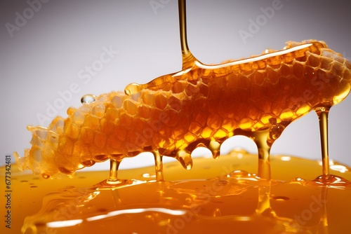 Fresh honey dripping from a honeycombs on a white background. photo