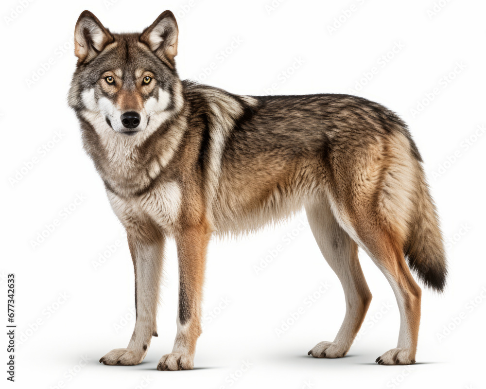 Grey Wolf, Canis lupus, standing in front of white background