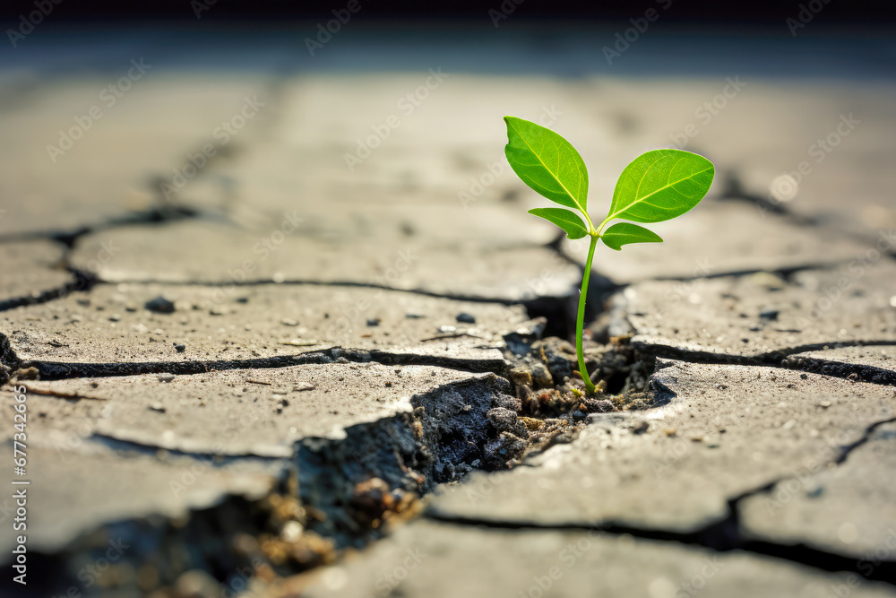 Green sprout growing from crack on cement floor with city background. - obrazy, fototapety, plakaty 