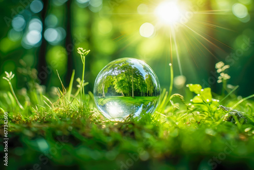 Crystal ball with green grass and sunbeams in the forest.
