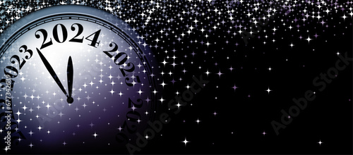 New Year 2024 countdown clock over silver and purple stars on black background.