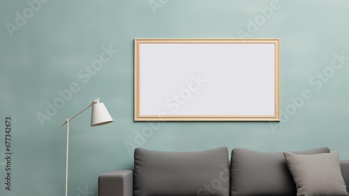 Mockup of a horizontal one-meter picture on the wall. Living room with a gray sofa and a white lamp photo