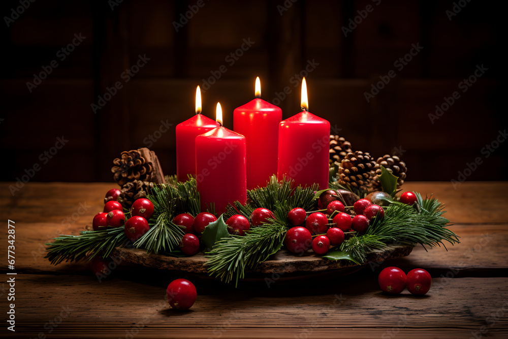 Four red burning candles for german advent season. Christmas wreath decoration on dark background. Four red burning candles for german advent season. Christmas wreath decoration on dark background.