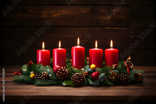 Red burning candles for german advent season. Christmas wreath decoration on dark wooden background.