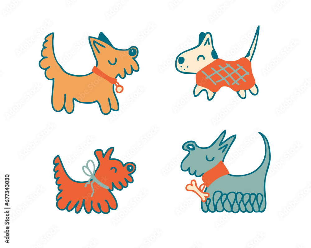 Fototapeta premium Doodle vector graphic clipart with dressed dogs, in coats and collars. Hand drawn cartoon animals collection. Perfect for tee, poster, card, sticker.