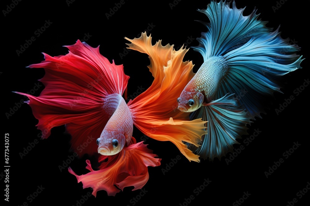 Betta splendens in a duel of vibrant tail flares