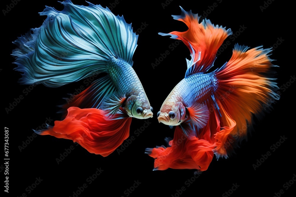 Betta splendens in a duel of vibrant tail flares Betta splendens in a duel of vibrant tail flares
