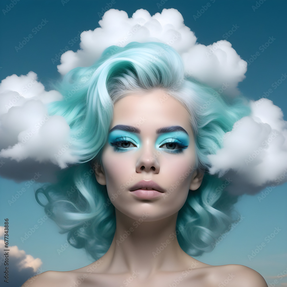 Fototapeta premium A beautiful fantasy sky queen with sky clouds hair