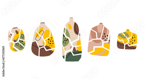 Vector set of broken vases of various shapes. Ceramic tableware hand drawn. Isolated design on a white background.