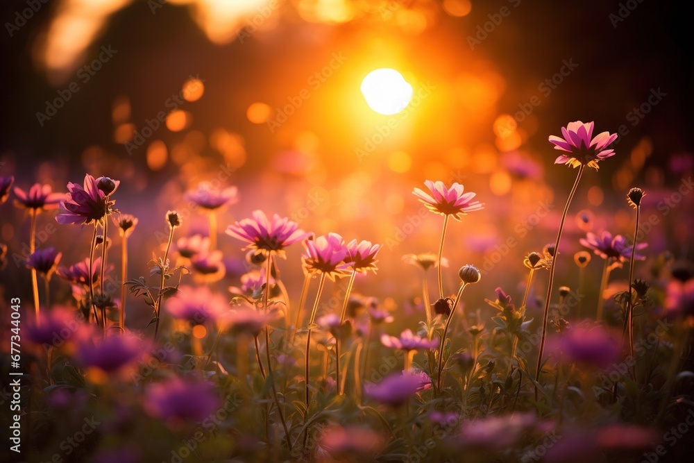 Backlit wildflower field at golden hour, casting a warm, dreamy glow