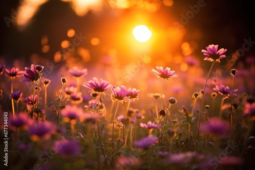 Backlit wildflower field at golden hour, casting a warm, dreamy glow