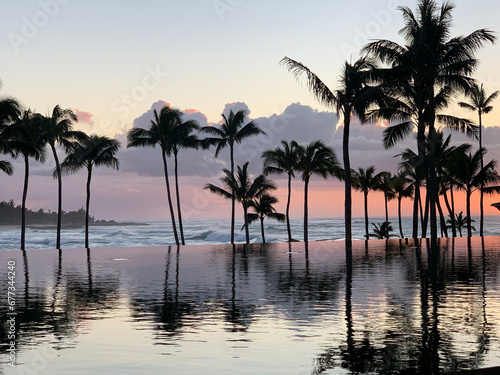 Palm trees at sunset reflecting on an infinity pool with the ocean in the background in Oahu, Hawaii