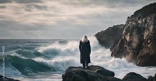 a man with long white hair standing on a rocky beach in front of a crashing photo
