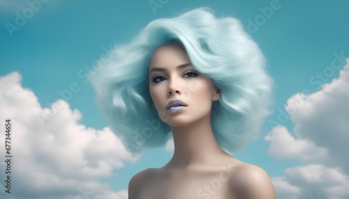 A beautiful fantasy sky queen with sky clouds hair