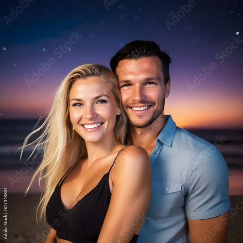 A happy beautiful couple laughinf by the beach