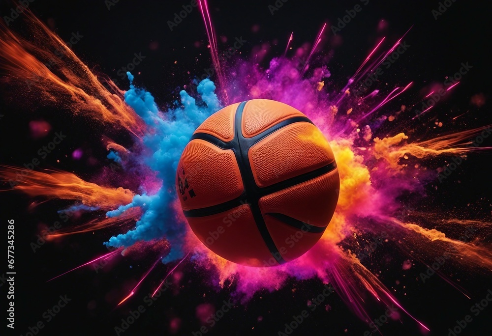 Dynamic Basketball Explosion: Neon Powder Burst on Black Background, Symbolizing Energy and Power Dynamic Basketball Explosion: Neon Powder Burst on Black Background, Symbolizing Energy and Power