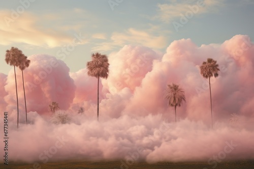 Cotton candy clouds drifting past palms