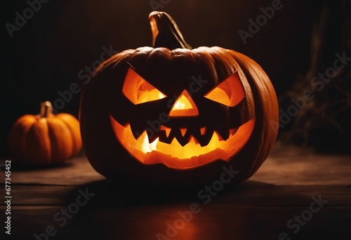 Halloween evil pumpkin illuminated with candle on a dark background