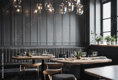 Interior of a Modern Scandi-Style Restaurant with Gray Wainscoting Walls