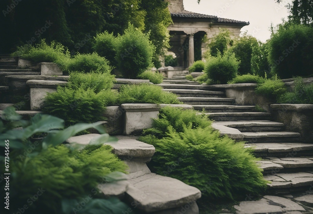 Old ruined stairs made of large stone steps Staircase lined with green plants for landscaping or garden design