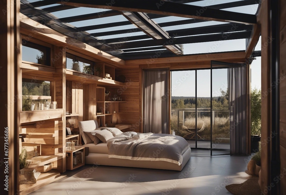 Timber frame modular house with flat roof panoramic windows and double doors Timber frame modular house with flat roof panoramic windows and double doors