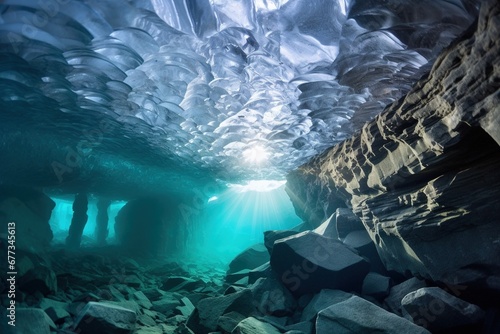 Crystal clear ice cave in a glacier's heart